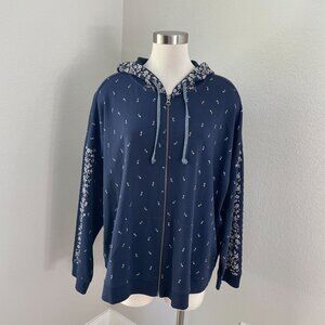 Lucky Brand Womens Plus 3X Navy Floral Zip Up Hoodie Cotton Casual Jacket